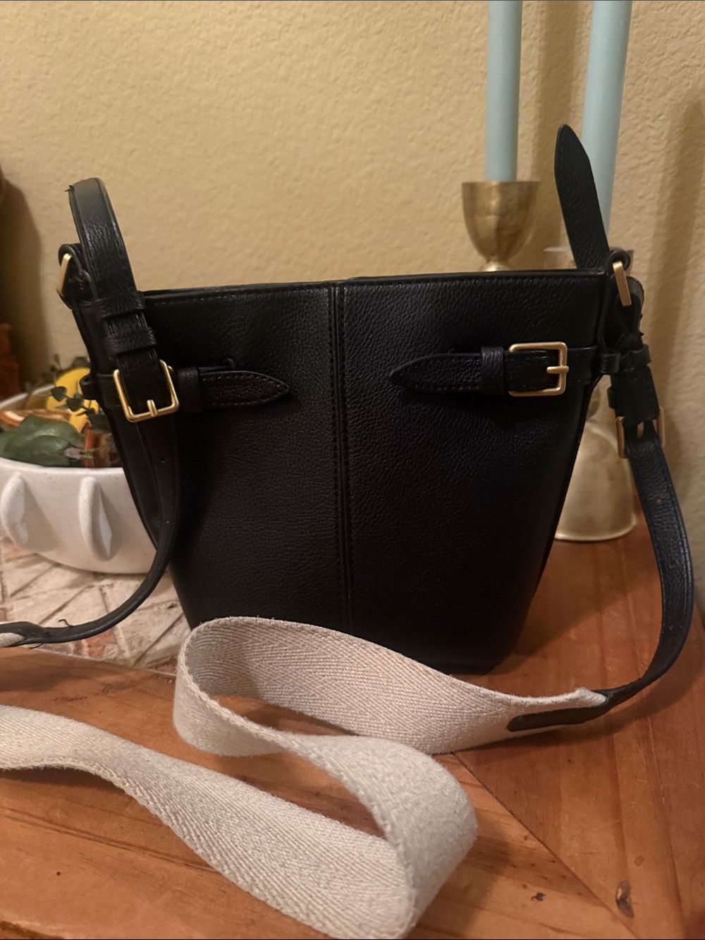 Zara Black Leather Bucket Crossbody Bag with Canvas Strap